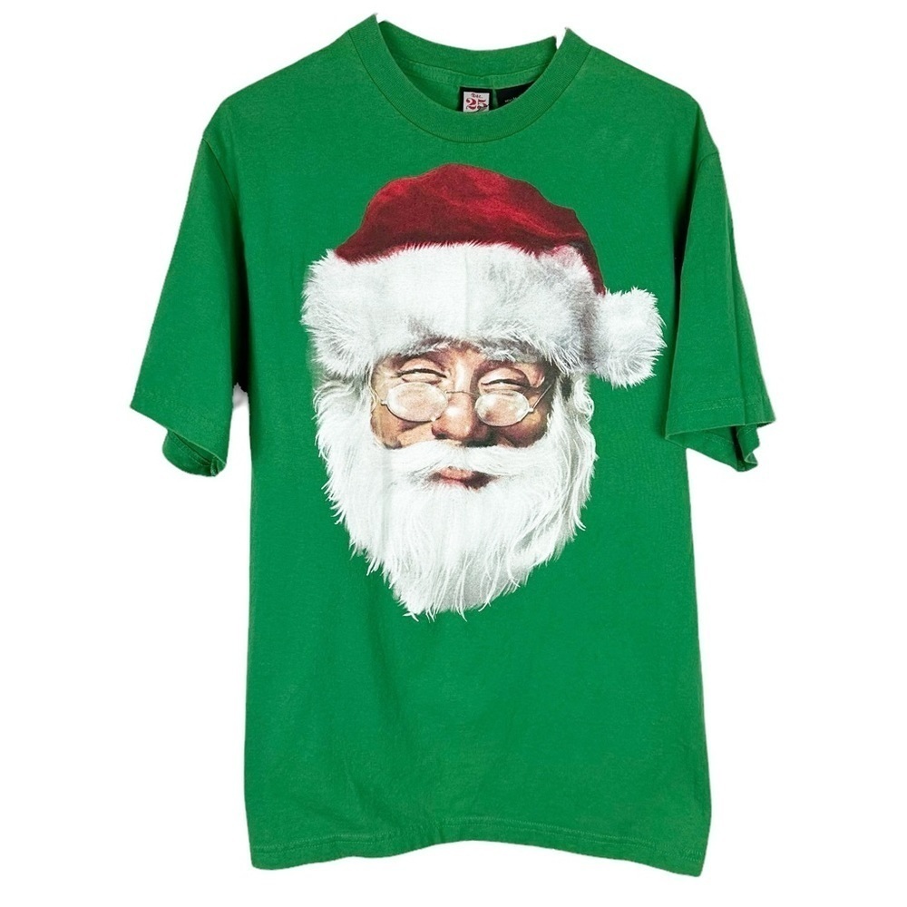 Dec 25 Green Crew Neck Retro Santa Face Shirt Size Medium